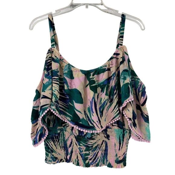 Torrid Top Size 2 US 2X Tropical Leaf Pattern Off The Shoulder Ruffle Pink Green - Picture 1 of 7